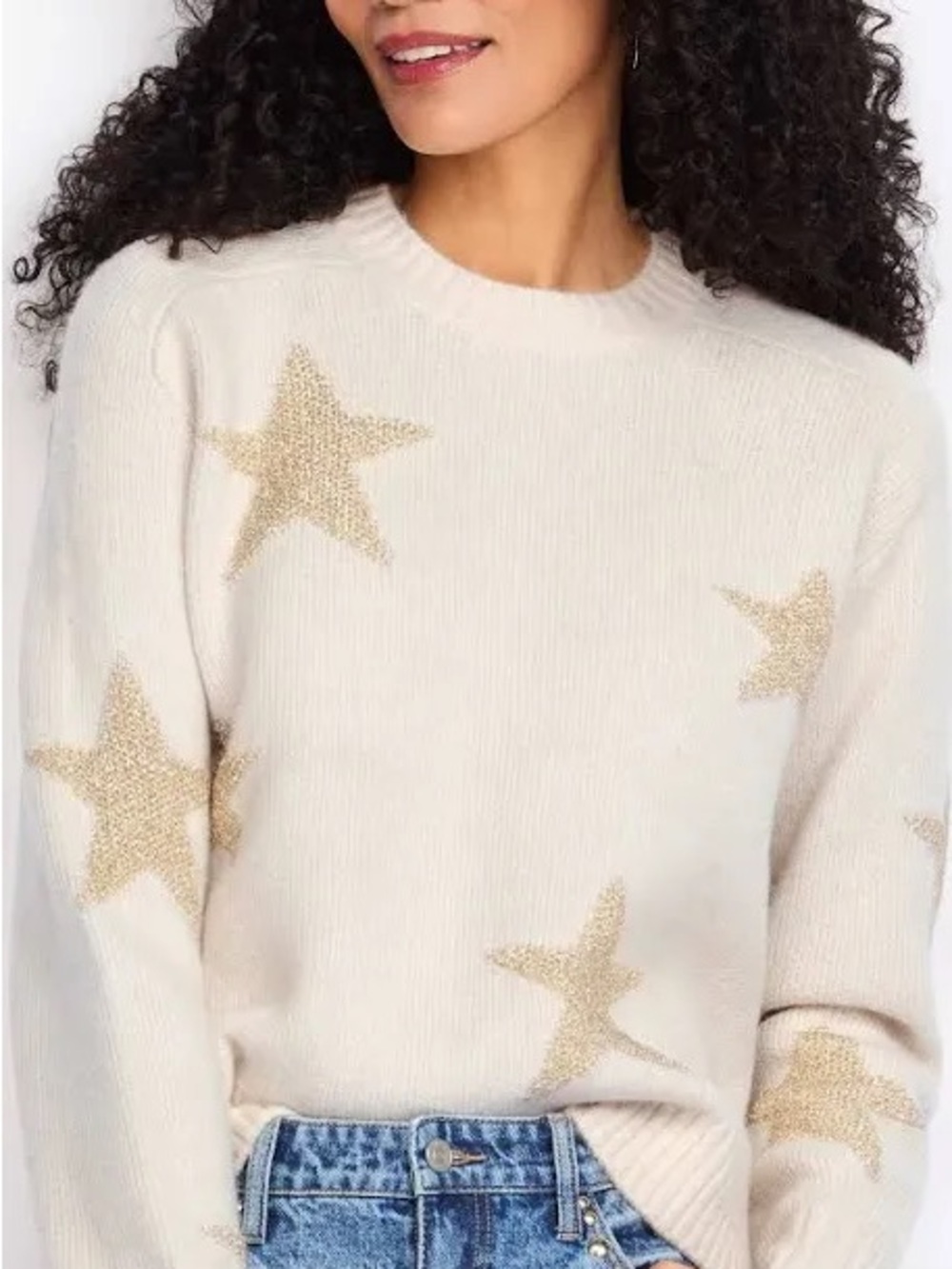 Cosmic Blue Love Cream Crewneck Sweater with Gold Star Accents